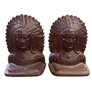 Vtg Cast Iron Will Native American Indian Chief Head‎ Bookends Bronze Jennings